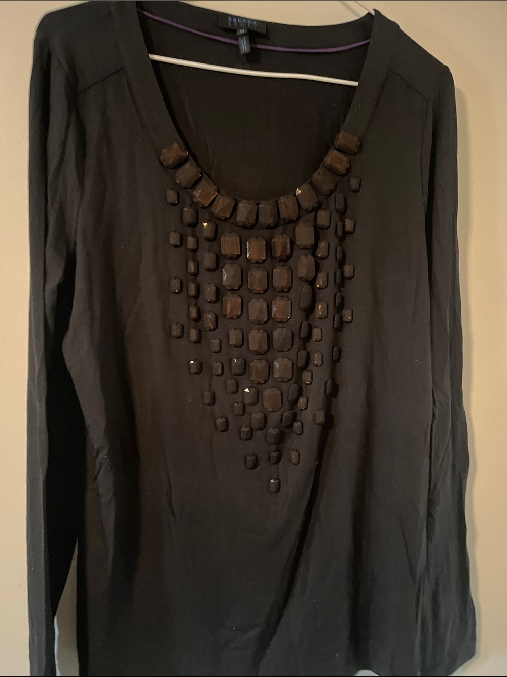 Escada Black Long-Sleeve Scoop Neck Top with Front Embellishments